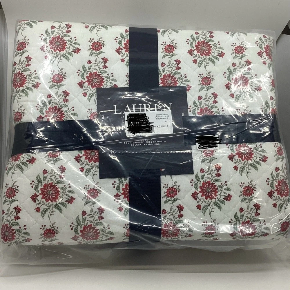 Lauren Ralph Lauren Maren King Quilt Floral Red Cream Striped Reverse 92x108 NEW